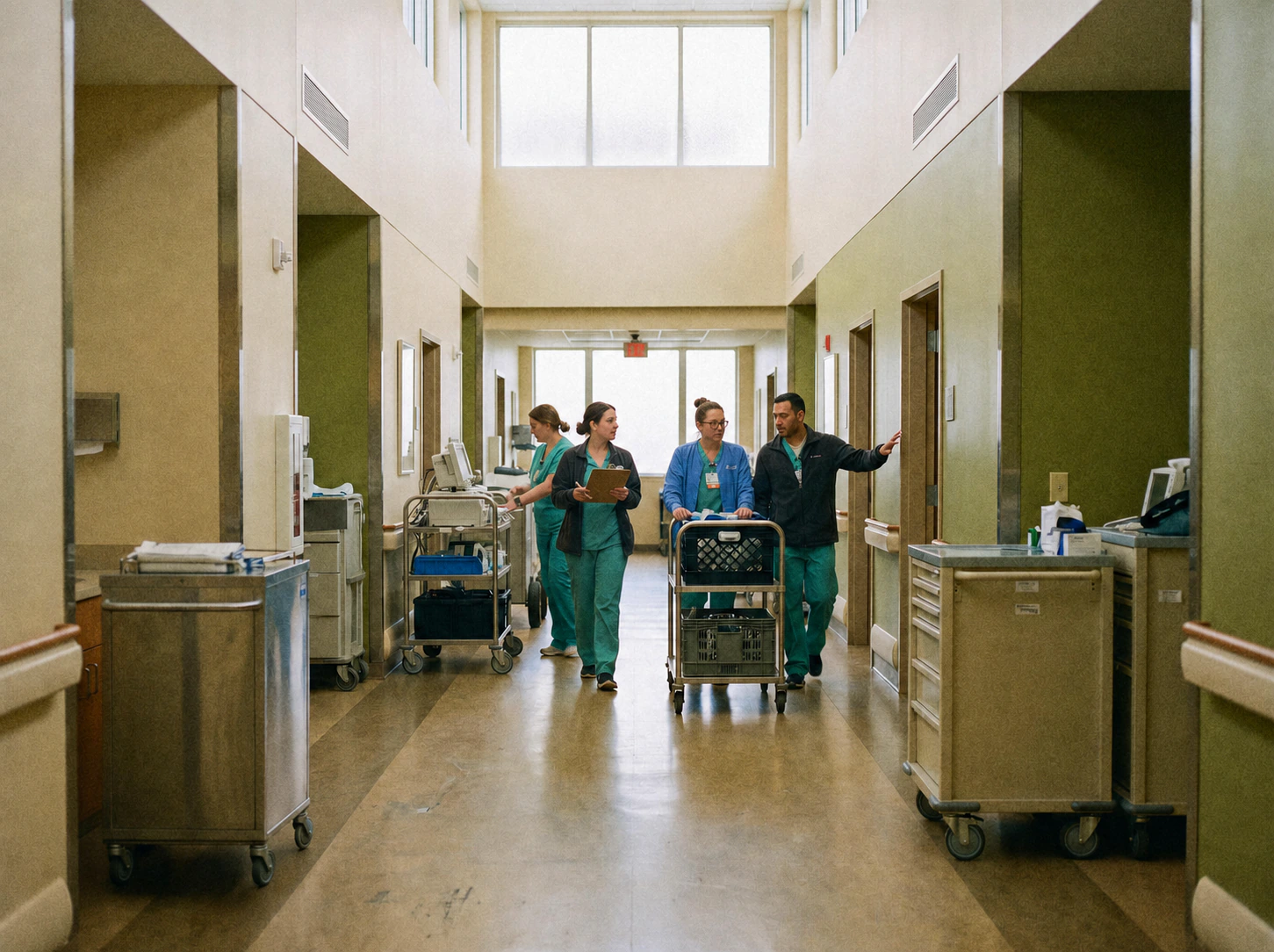 Healthcare staff move medical equipment carts through a facility corridor.