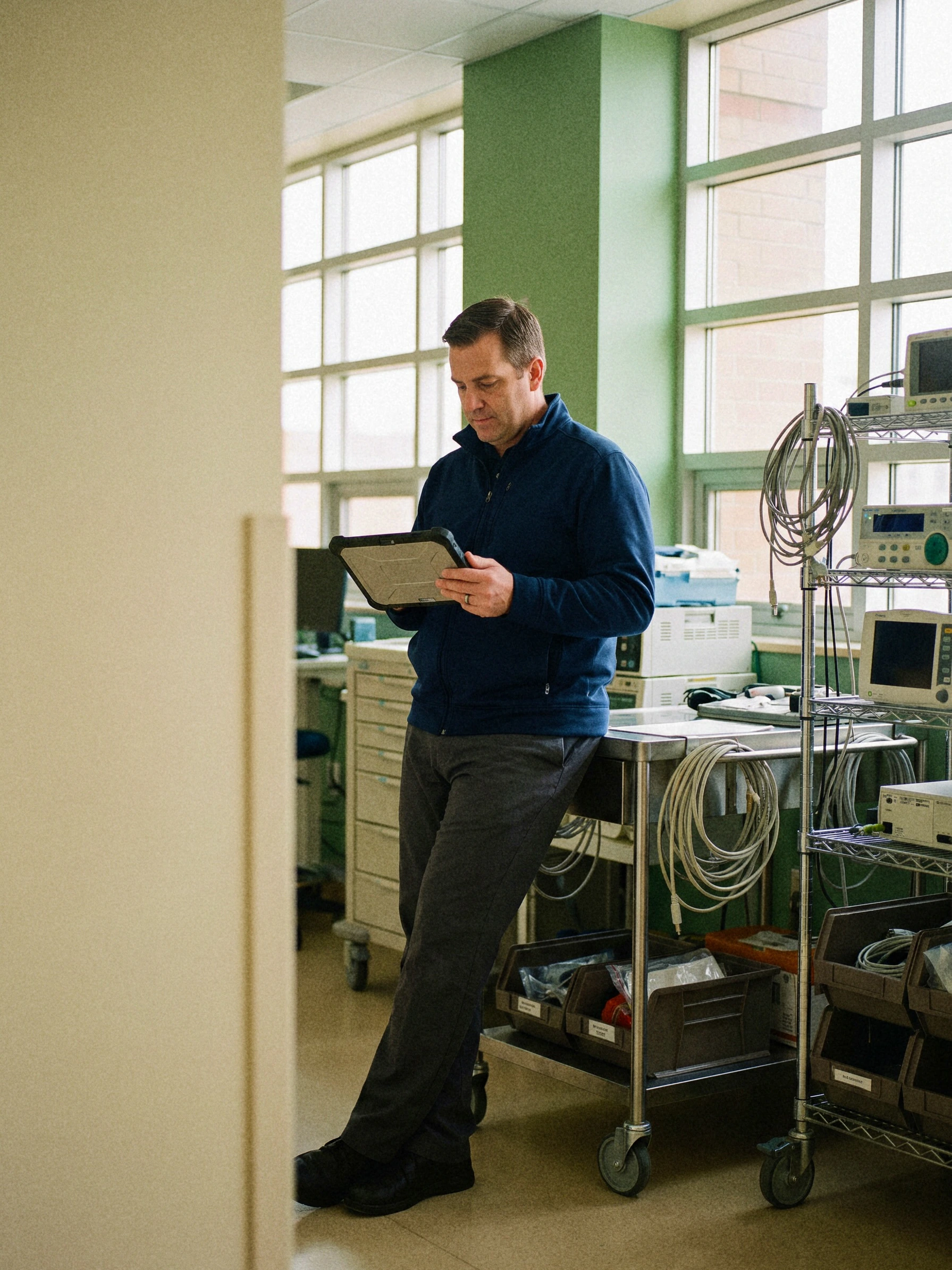 A healthcare equipment operator reviewing clinical equipment on a tablet.